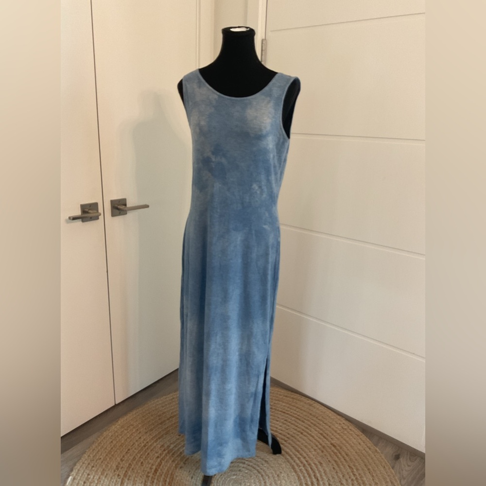 Cloudy Blue & White  Sleeveless Maxi Dress  with side  slit .